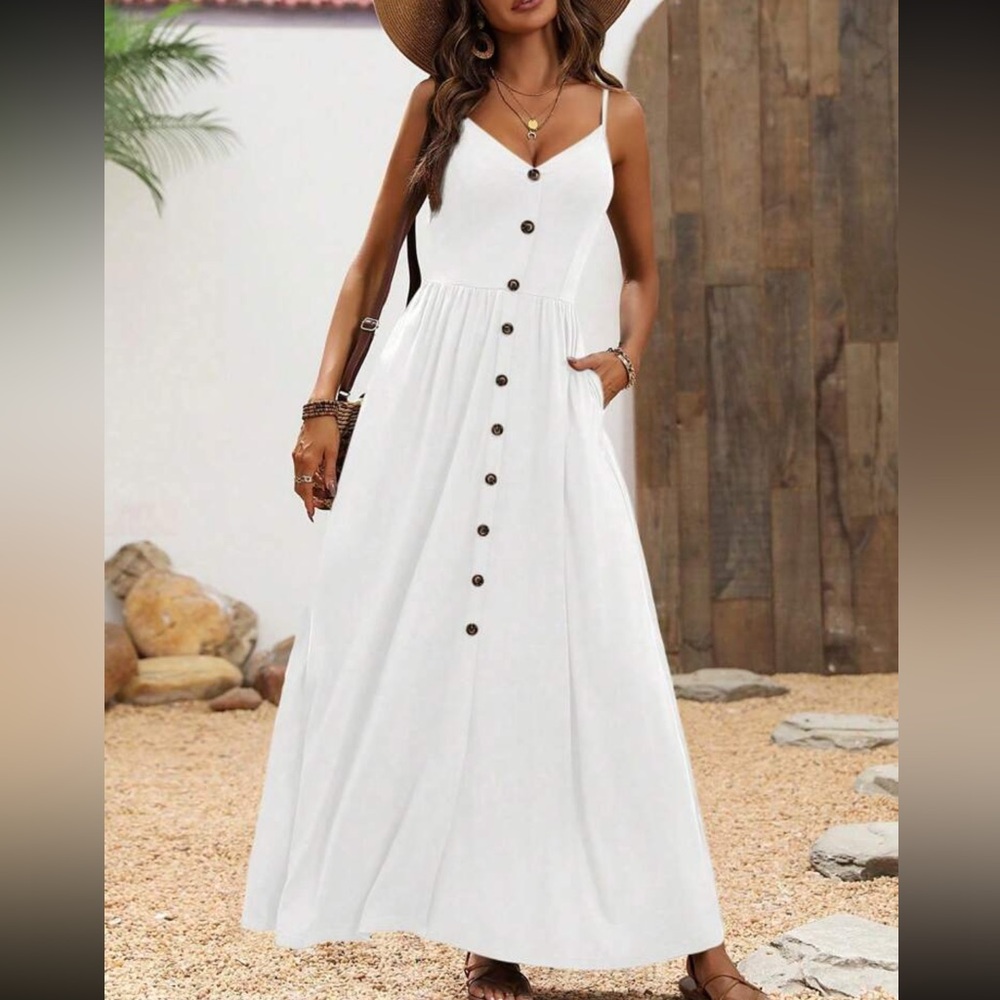 Elegant White Pockets Maxi Dress